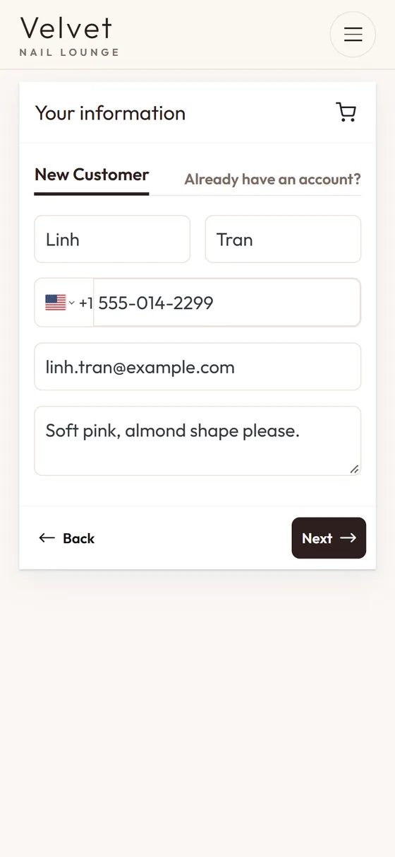 Đặt lịch online trên website tiệm nail: khách điền tên, số điện thoại, email