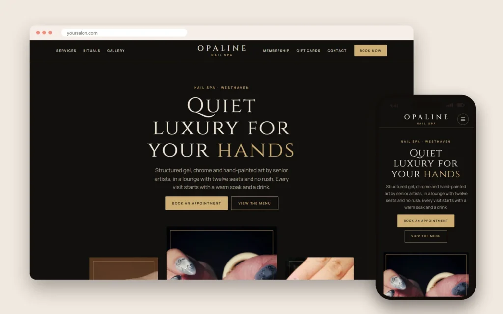 Website mẫu tiệm nail cao cấp do NBagency làm, trên máy tính và điện thoại