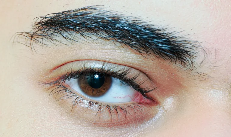 Full, brushed-up brow over a brown eye