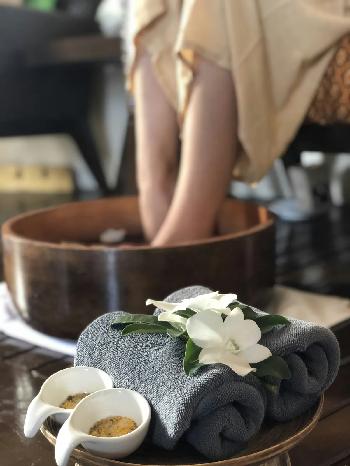 Foot bath with folded towels