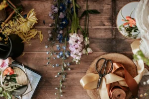 Florist's table with scissors and ribbon