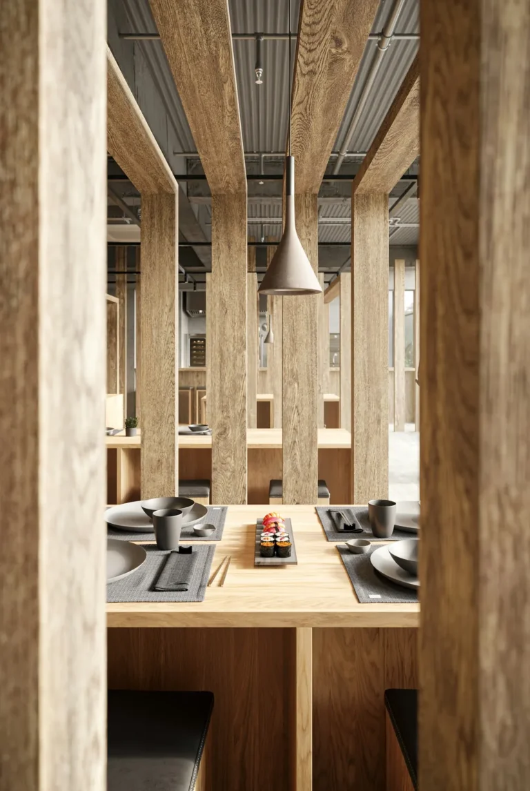Wooden dining booths in warm light