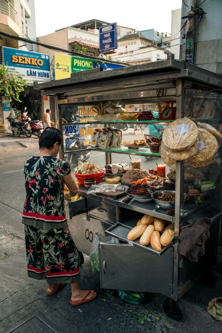 Street-side banh mi cart with fresh baguettes
