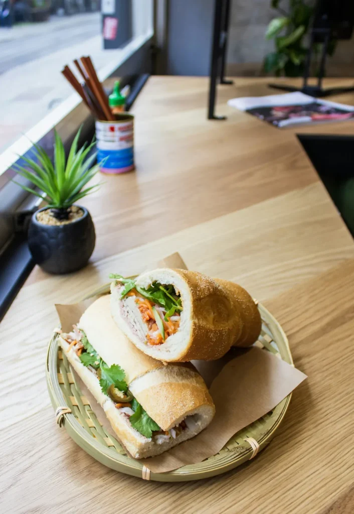 Banh mi in paper on a café table