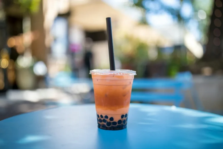 Thai tea with pearls on a sunny table