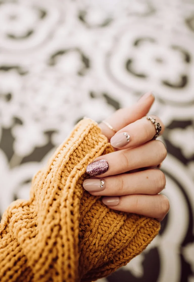 Nude nails with a glitter accent and a mustard sweater