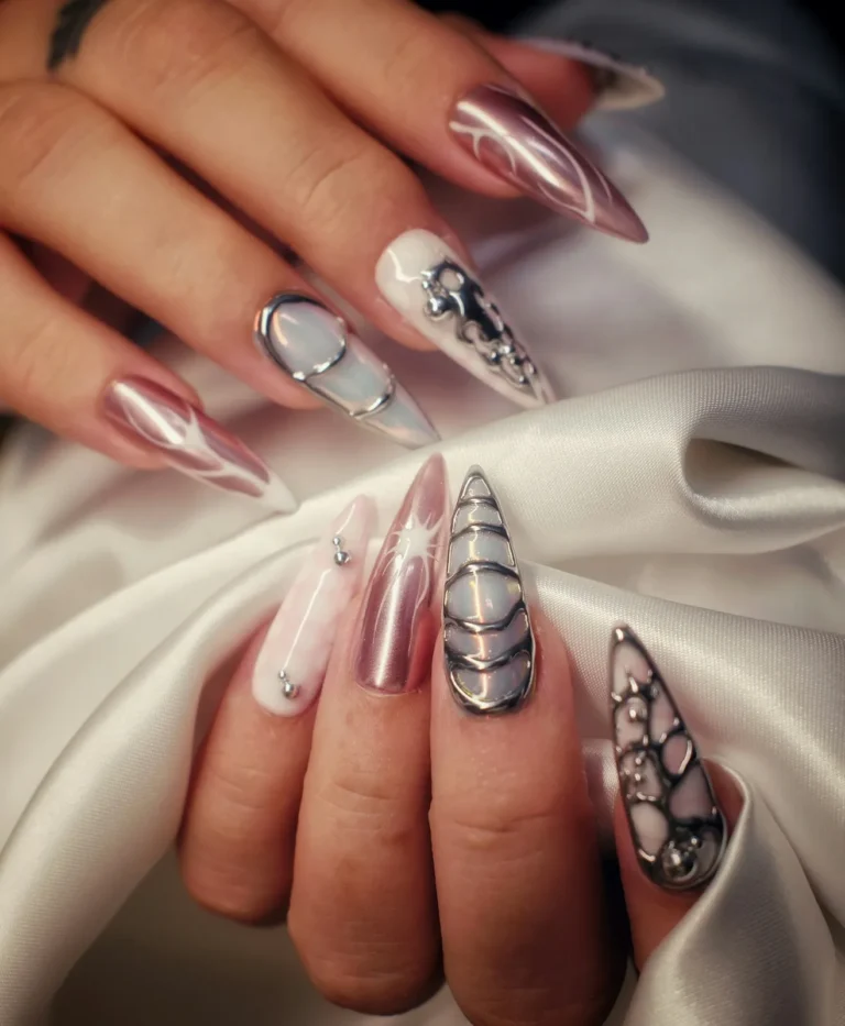 Chrome stiletto nails with 3D details
