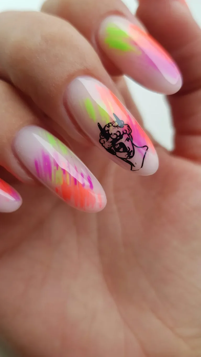 Neon pink almond nails with line art