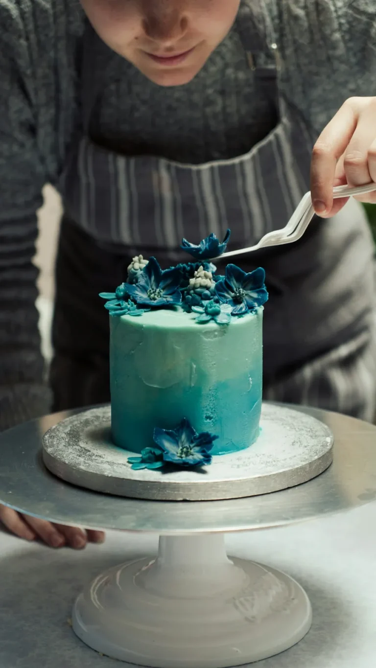 Teal cake with sugar flowers