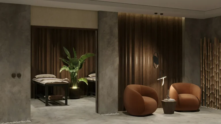 Relaxation lounge with armchairs and plants