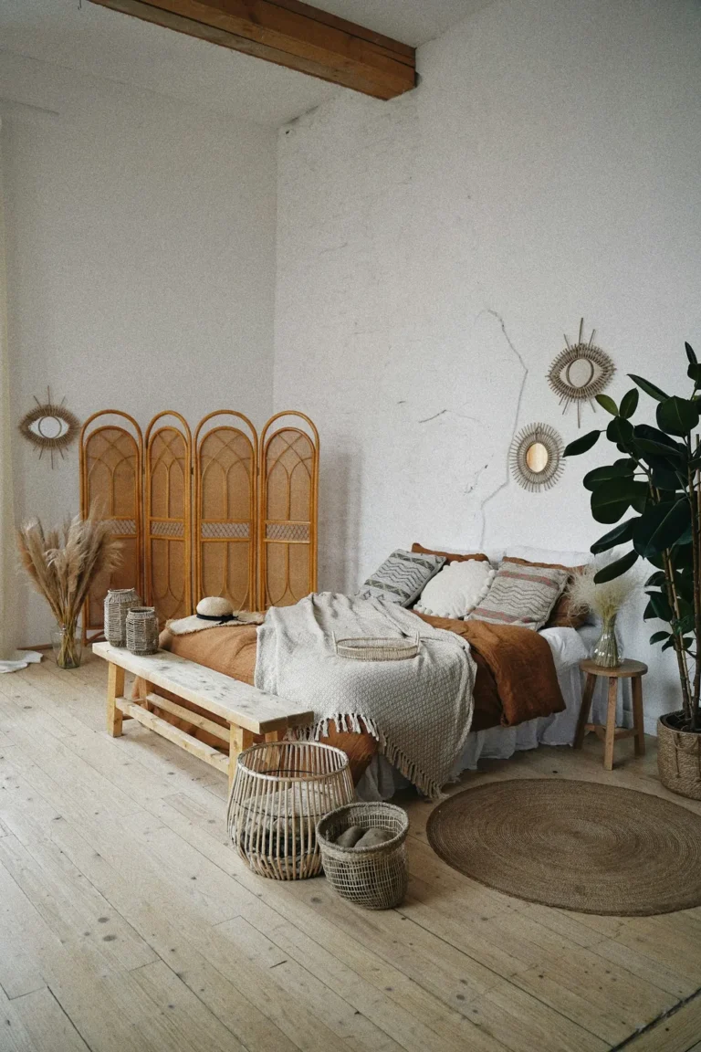Linen daybed and a rattan screen