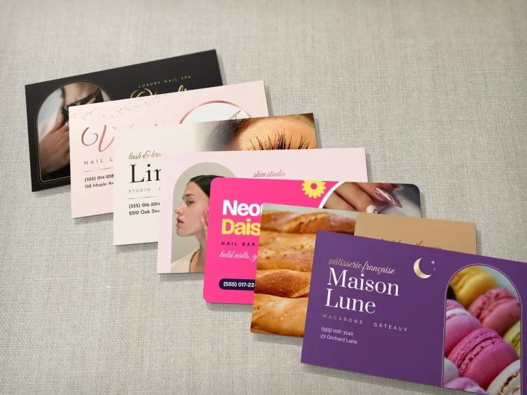 Business card tiệm nail, spa, nhà hàng xếp chéo trên nền vải lanh: ép kim, ảnh thật, chữ viết tay