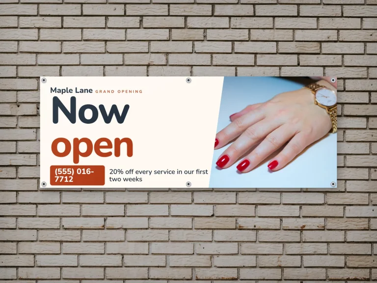 Banner vinyl grand opening tiệm nail treo trên tường gạch