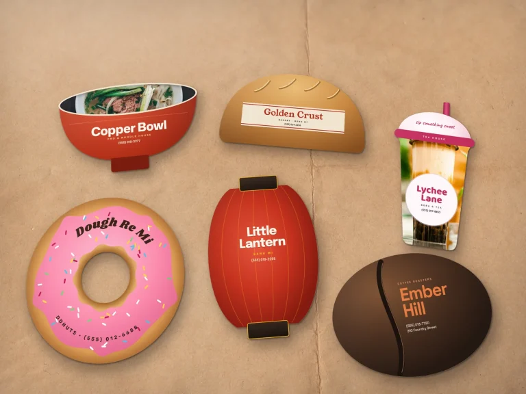 Business card die cut nhiều hình: tô phở, ổ bánh mì, ly trà sữa, donut, lồng đèn và hạt cà phê