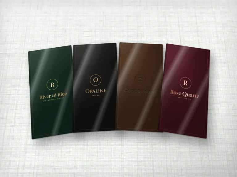 Bìa menu da ép kim và dập chìm: xanh rêu, đen, nâu, đỏ rượu