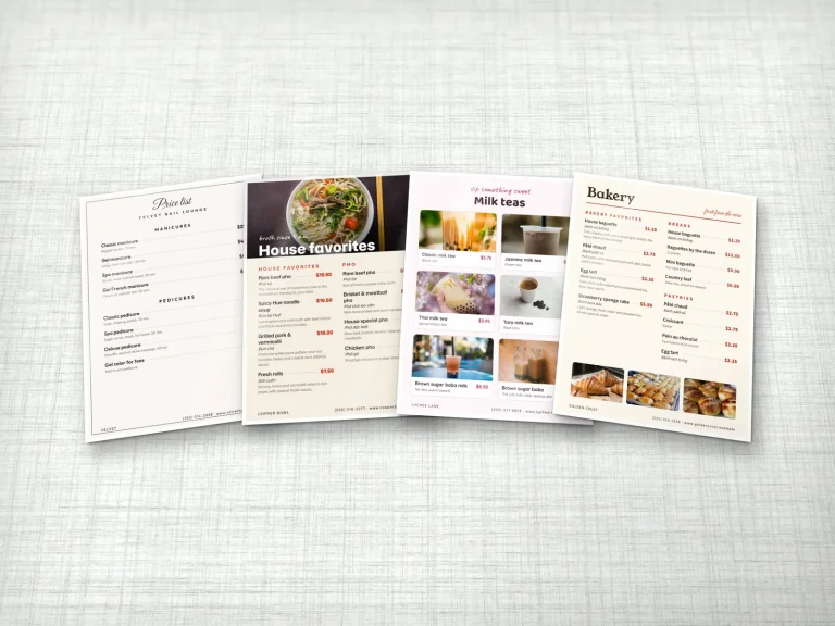 Bảng giá và menu ép plastic cho tiệm nail, quán phở, trà sữa và tiệm bánh