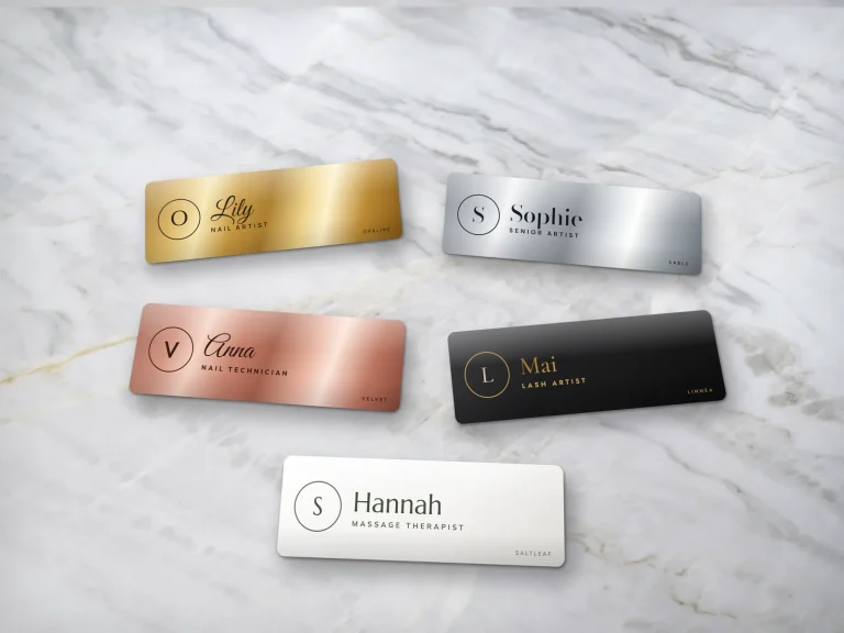 Name tag nền vàng, bạc, rose gold, đen và trắng cho tiệm nail, spa và nhà hàng