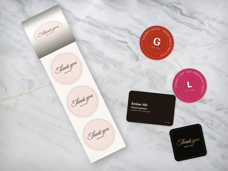 Cuộn sticker cảm ơn và các sticker tròn, vuông, nhãn chữ nhật cho tiệm