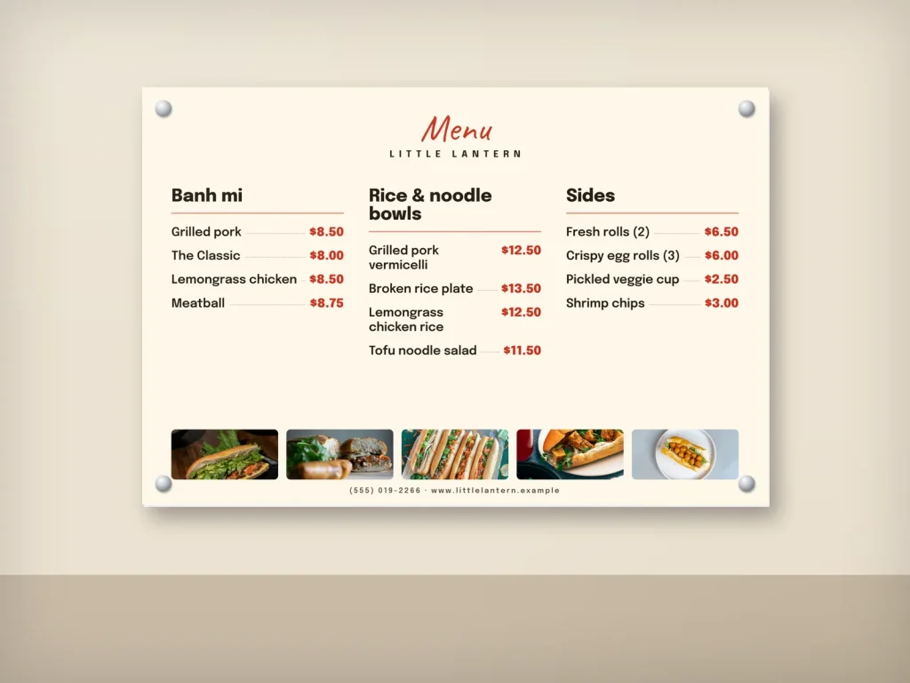 Wall menu nhà hàng in foam cứng gắn ốc trên tường