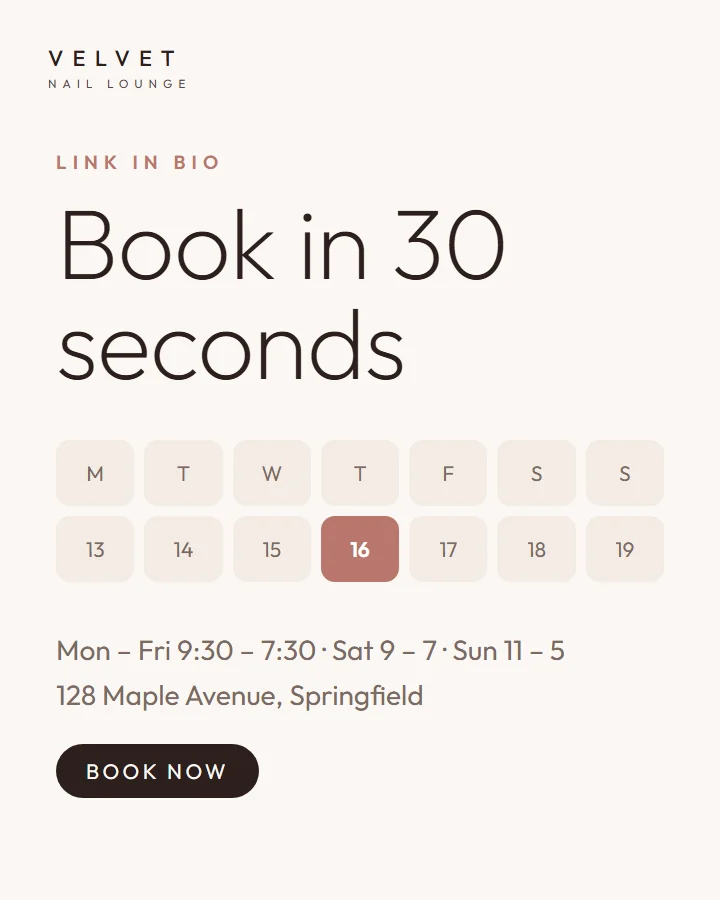 Bài post mời booking online trong 30 giây, lịch tuần và giờ mở cửa