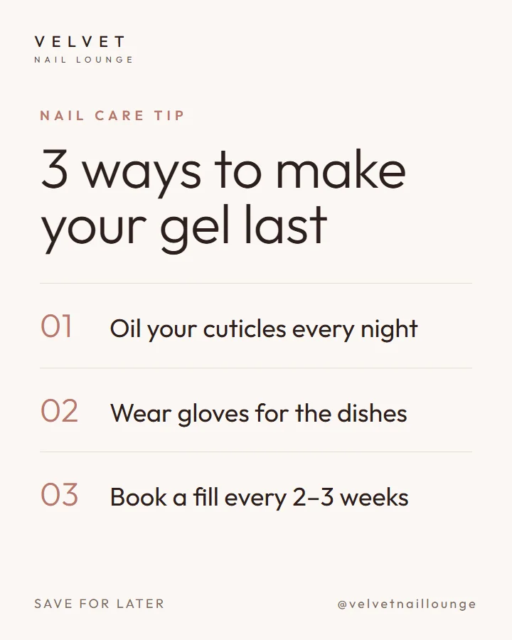 Bài post mẹo chăm sóc móng: 3 cách giữ gel lâu, theo màu của Velvet Nail Lounge