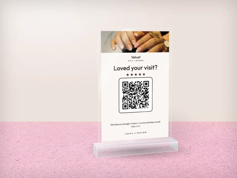 Mẫu standee mica để quầy SM-02 cho tiệm nail: Velvet, ảnh móng ombre, xin review Google, mặt sau mời follow Instagram